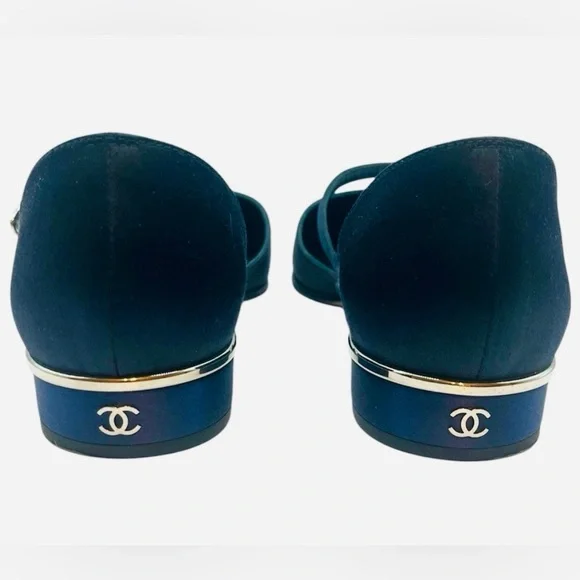 CHANEL Navy Satin Cap Toe Ankle Strap CC Flats 38.5EU - Picture 5 of 16